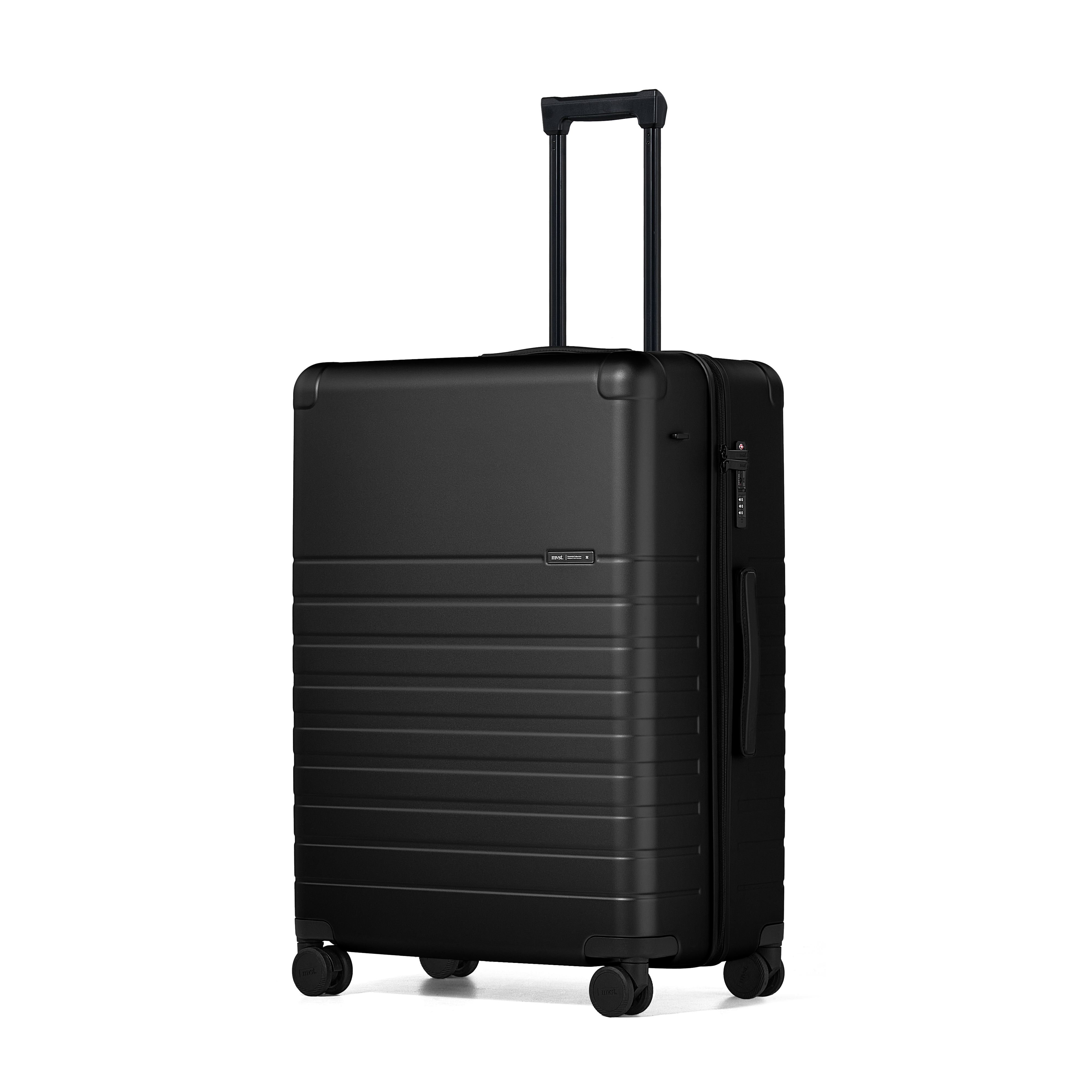 Black suitcase with wheels on a white background