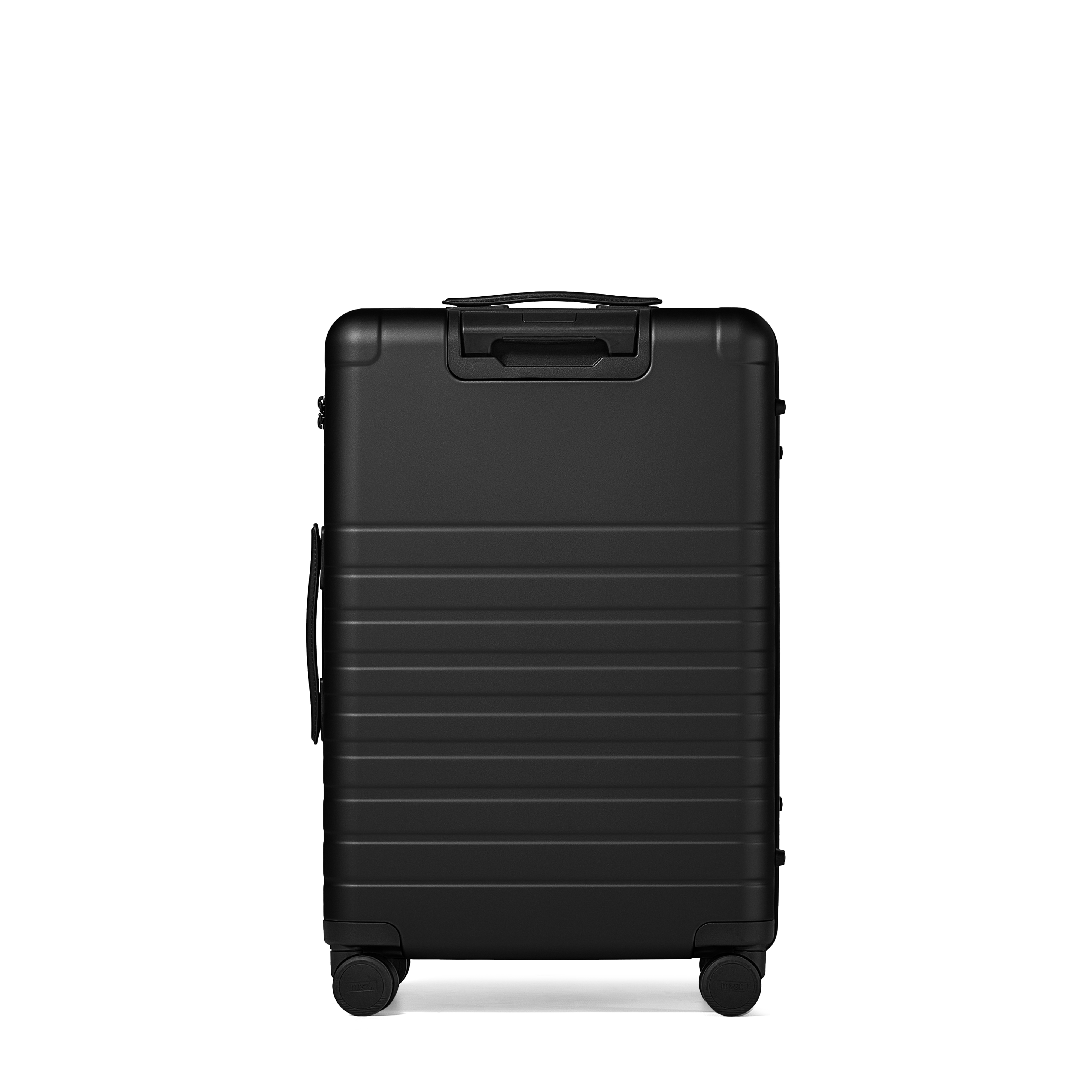 Black suitcase with a ribbed texture on a white background