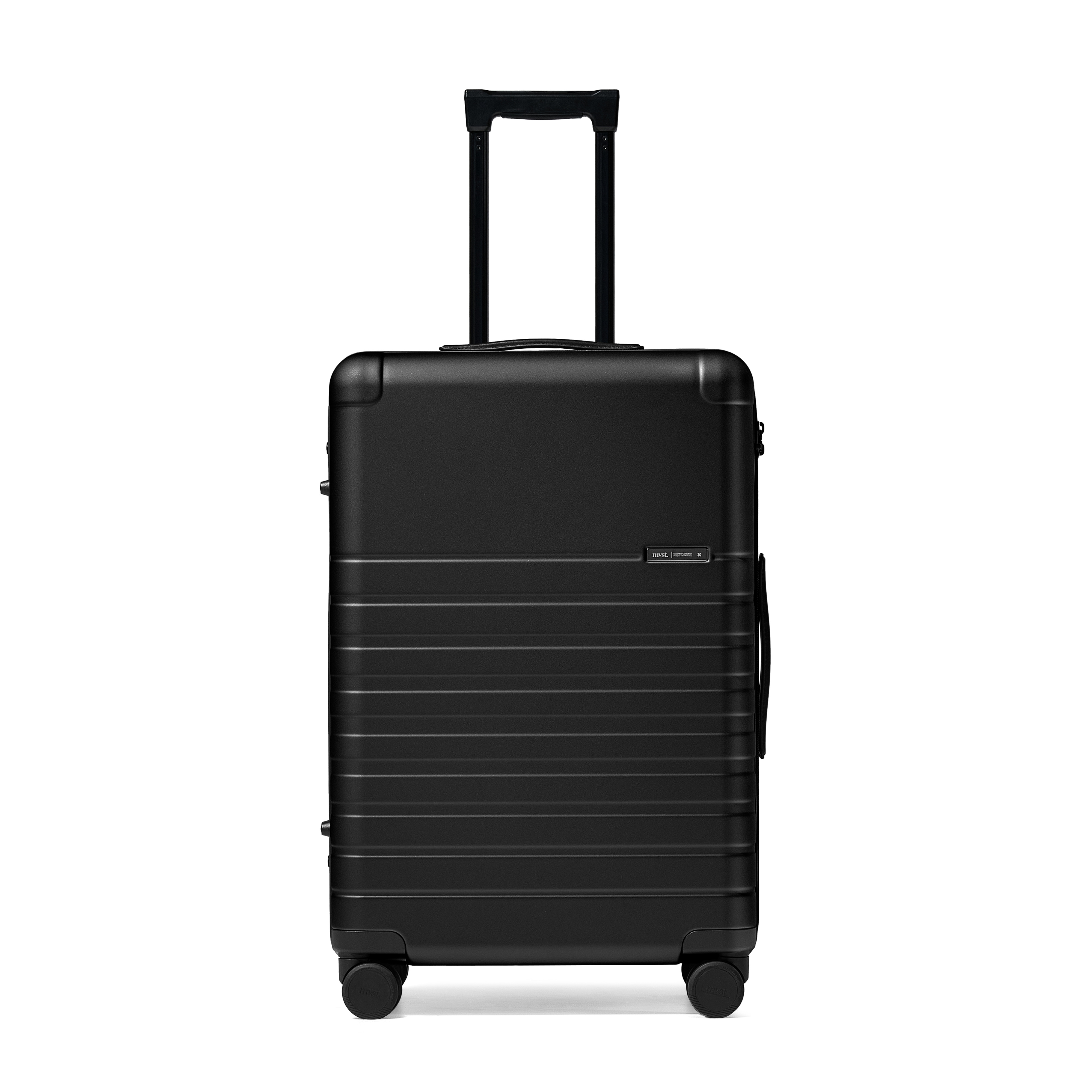 Black suitcase with a handle on a white background
