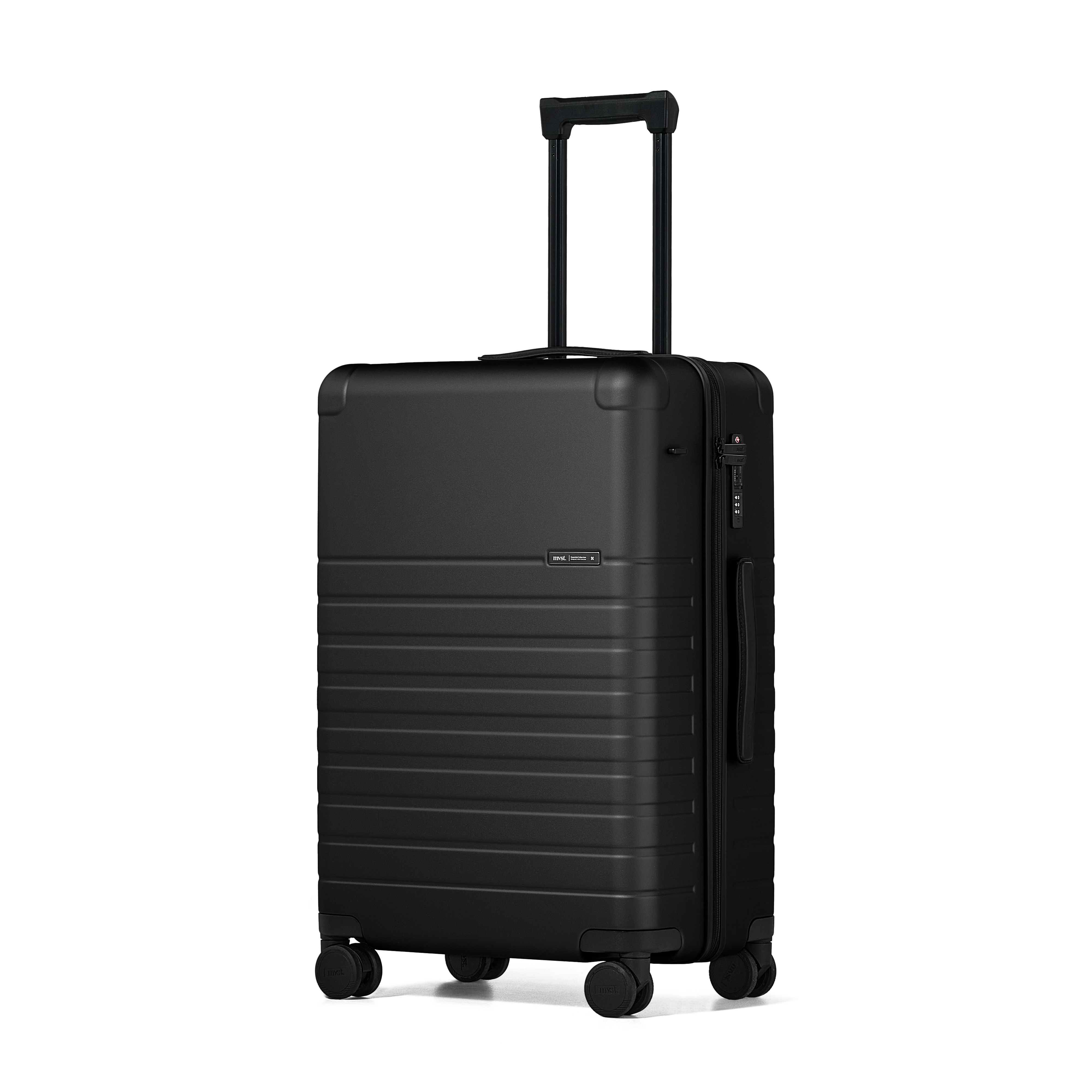 Black suitcase with wheels on a white background