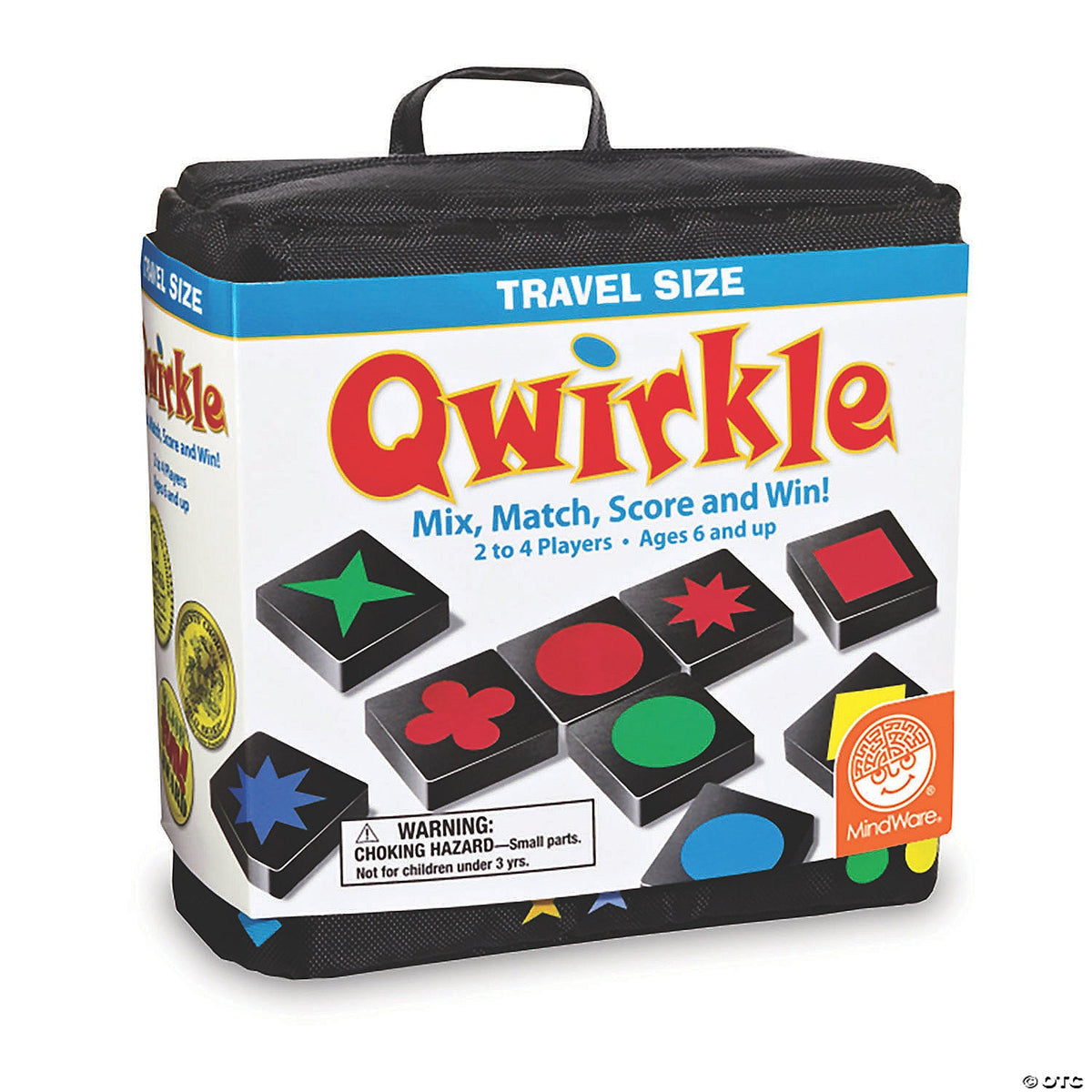 Travel size Qwirkle game packaging with colorful tiles on a white background