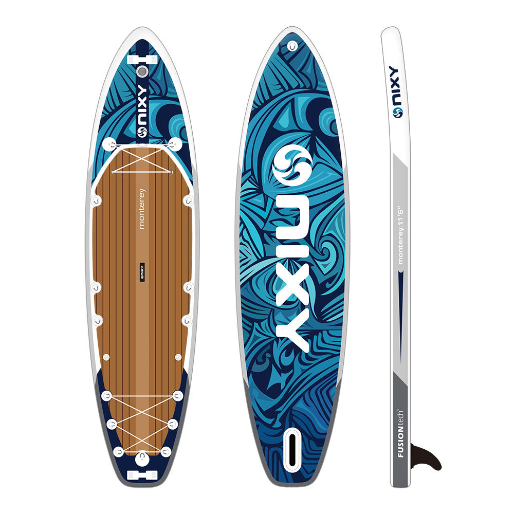 Nixy inflatable stand-up paddleboard with blue design and wooden deck on a white background