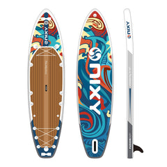 Colorful NIXY paddleboard with a wooden deck and paddle on a white background