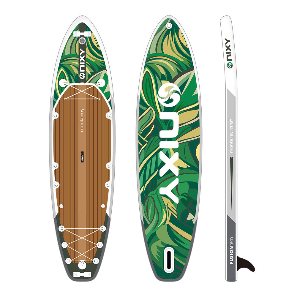 Quinxy inflatable stand-up paddleboard with leaf pattern and paddle on a white background
