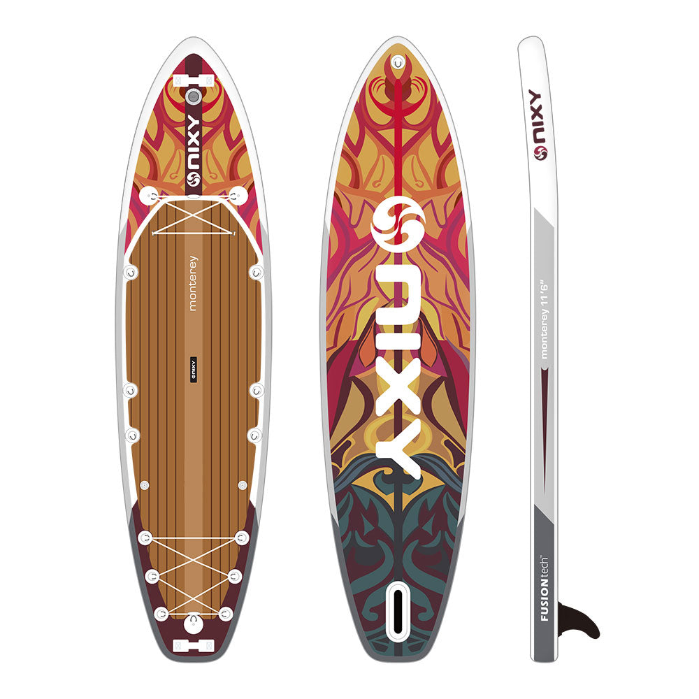 Nixy inflatable stand-up paddleboard with colorful design and paddle on a white background