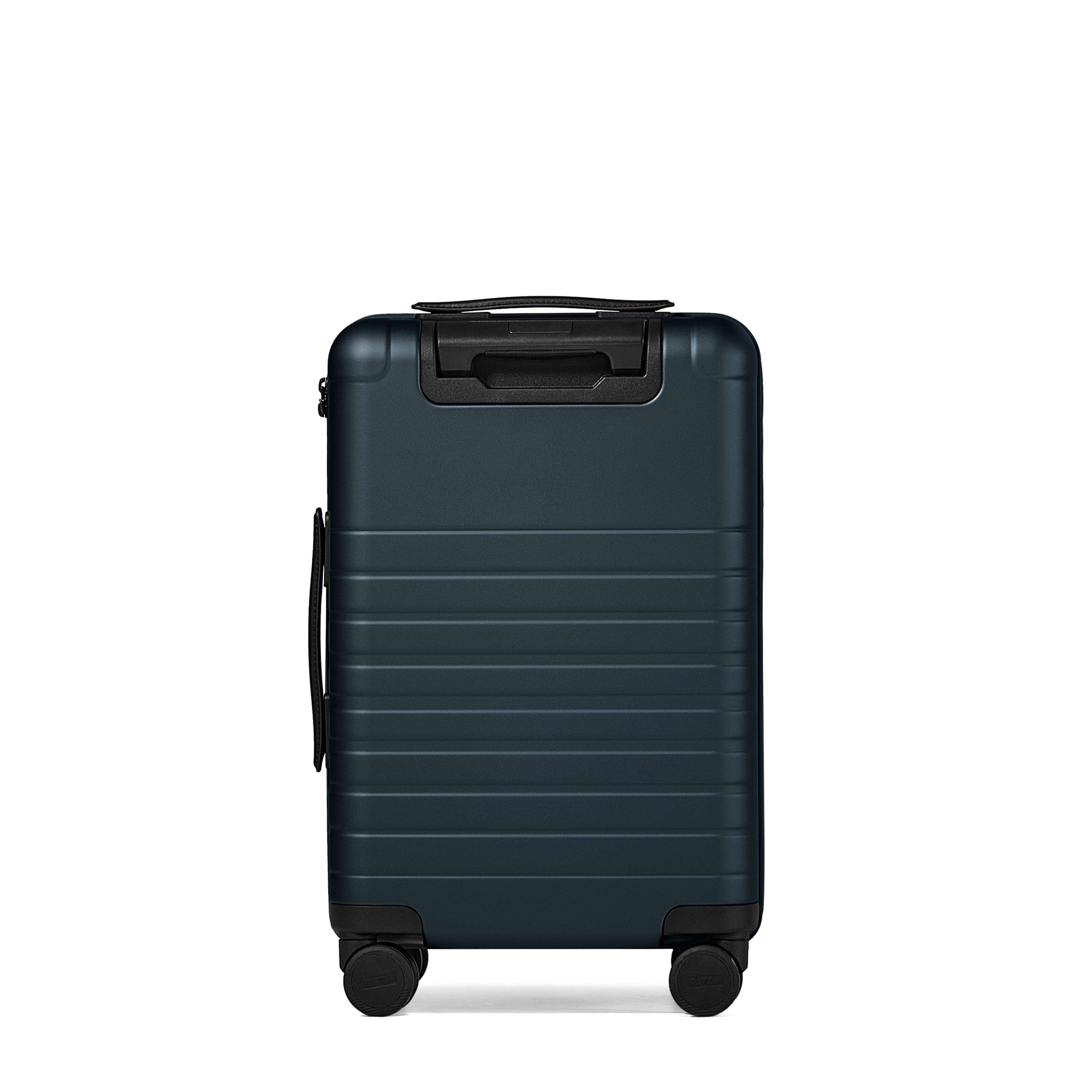 Blue suitcase with black handle and wheels on a white background