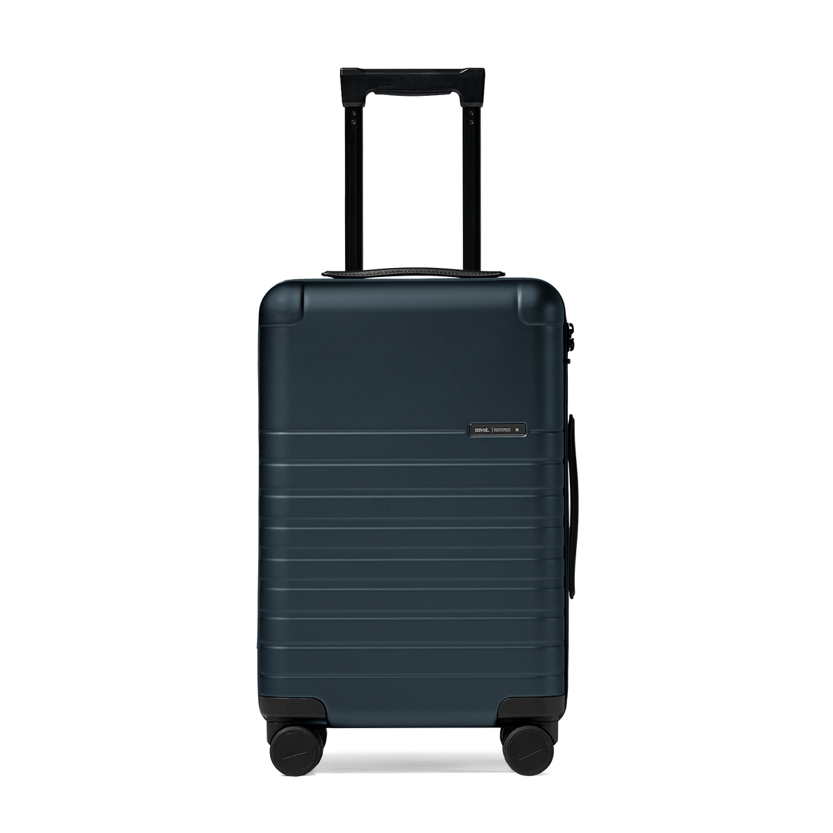 Dark blue suitcase with a visible brand logo on a white background