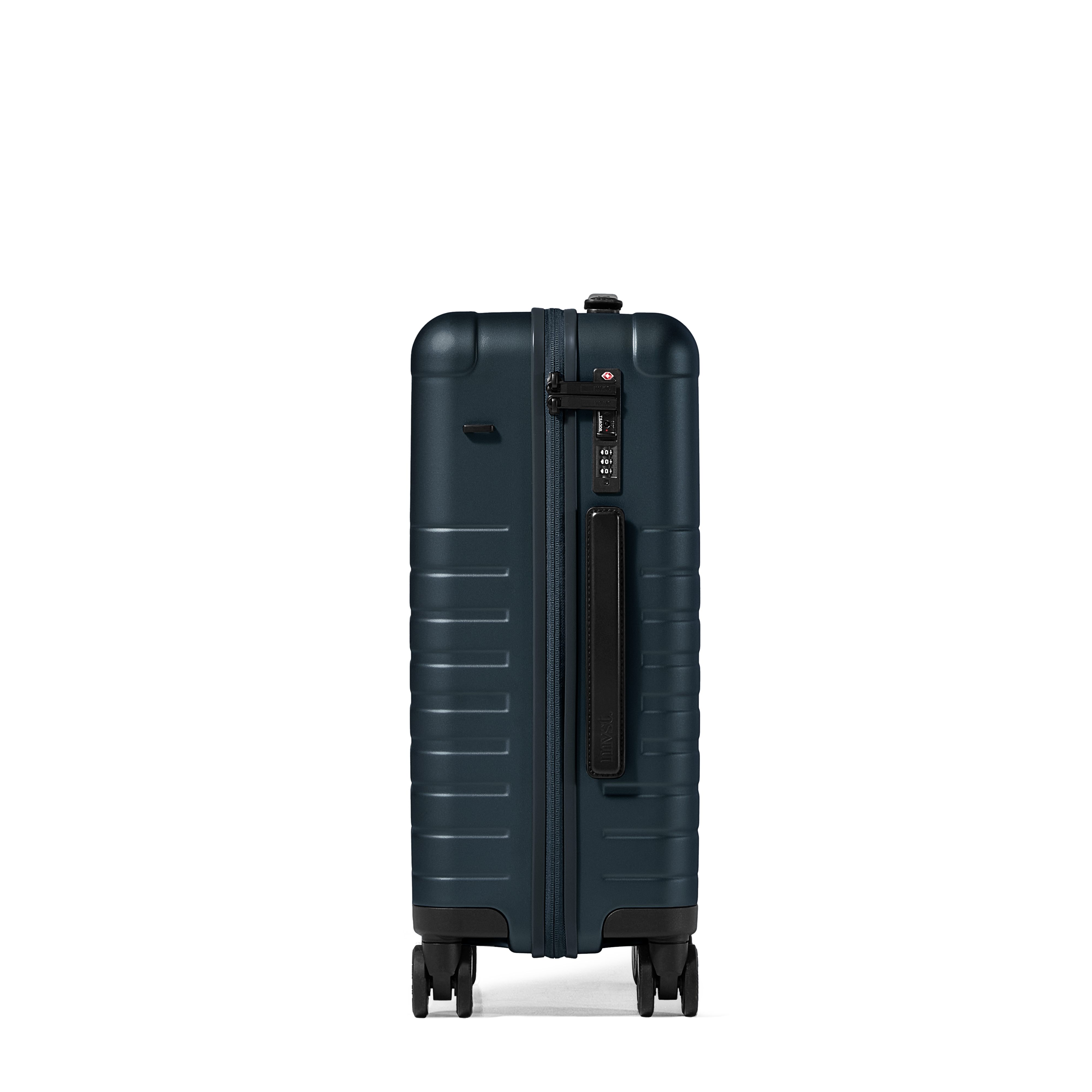Dark blue suitcase with a black handle on a white background