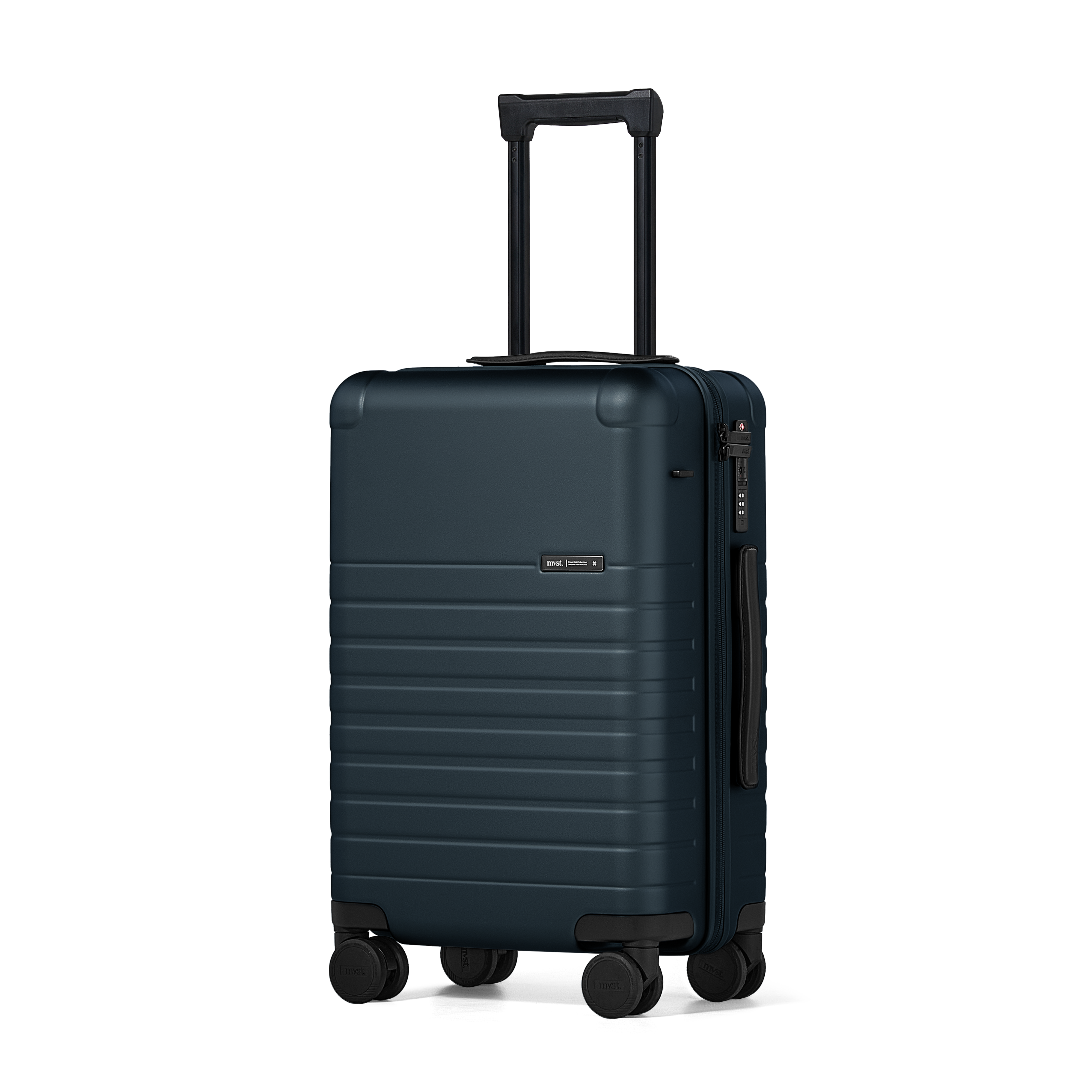 Blue suitcase with wheels and handle on a white background