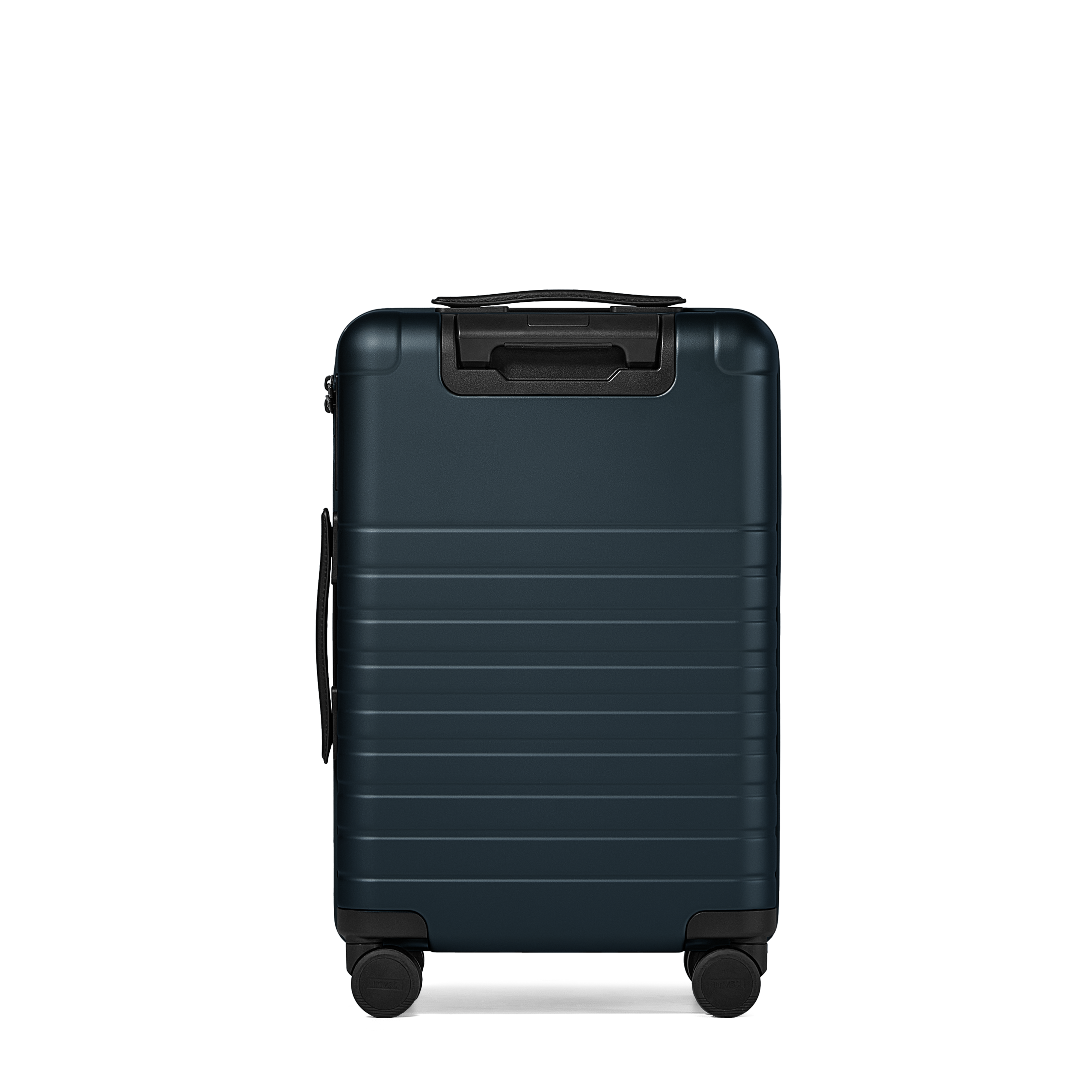 Blue suitcase with black handle and wheels on a white background