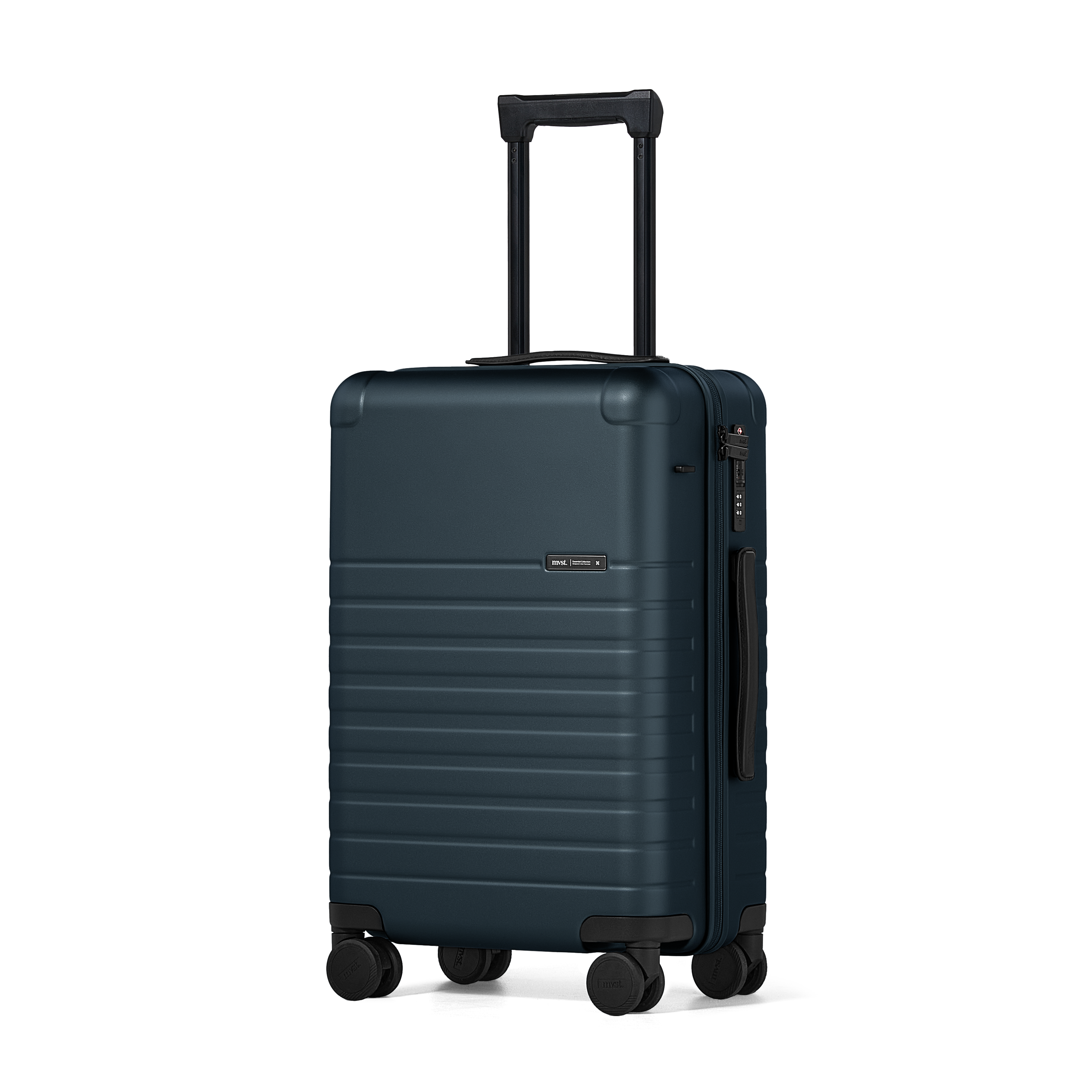 Black suitcase with wheels on a white background