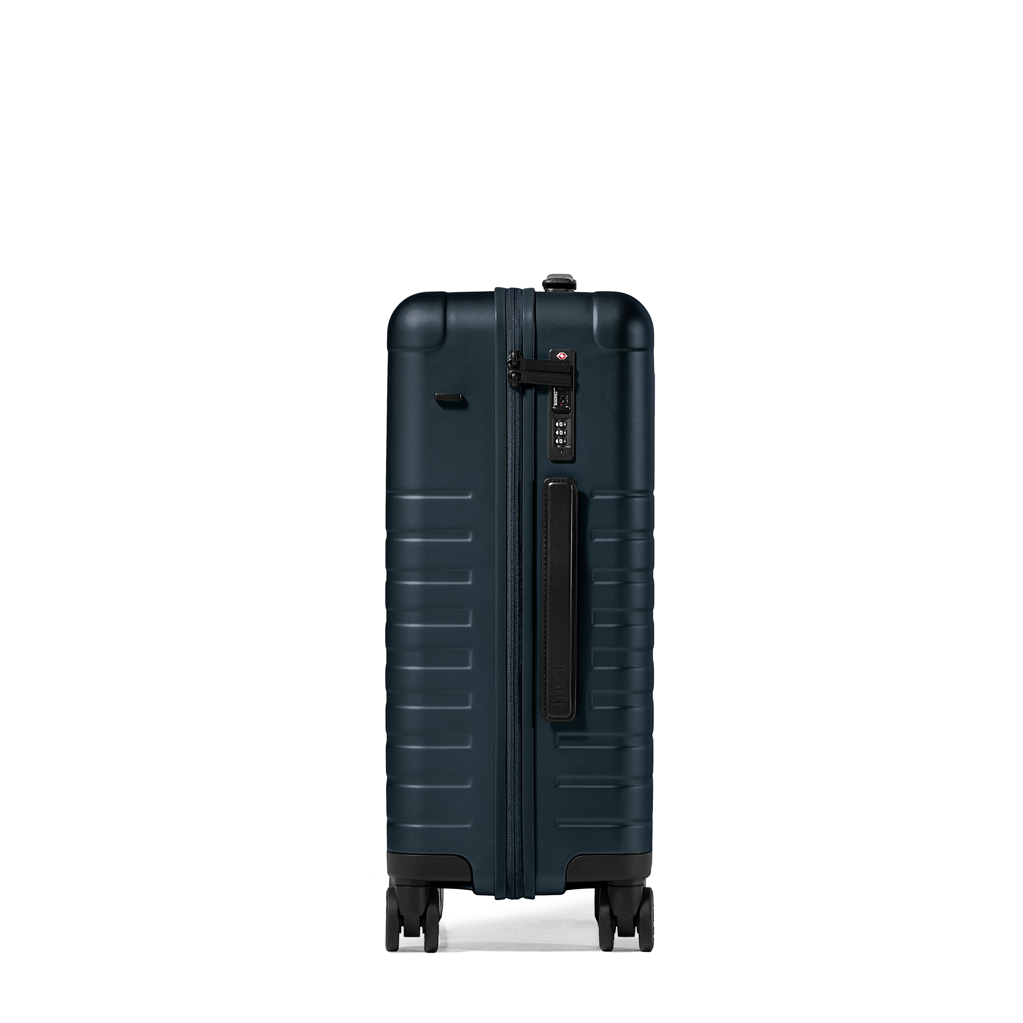 Blue suitcase with a black handle on a white background