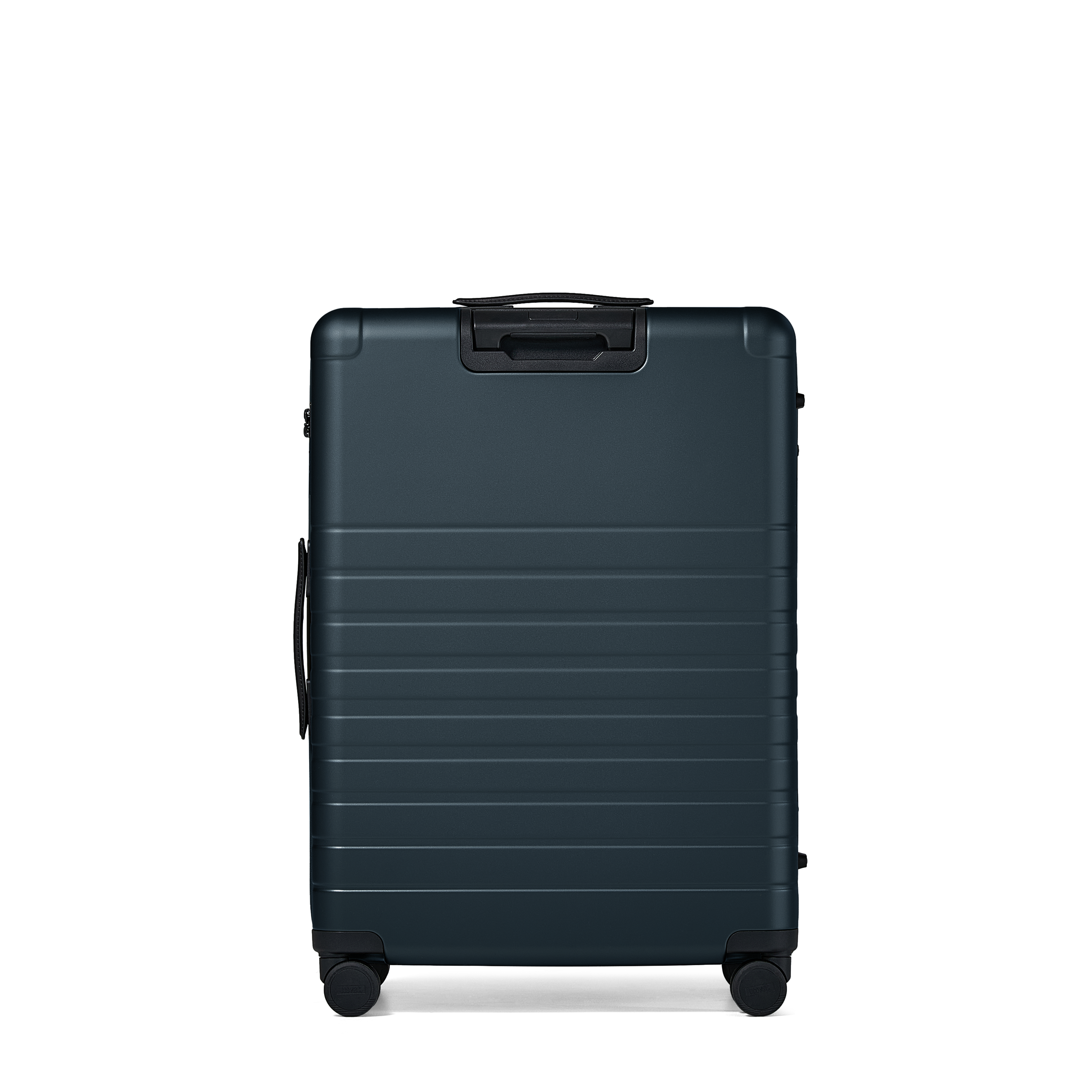 Dark green suitcase with a handle on a white background