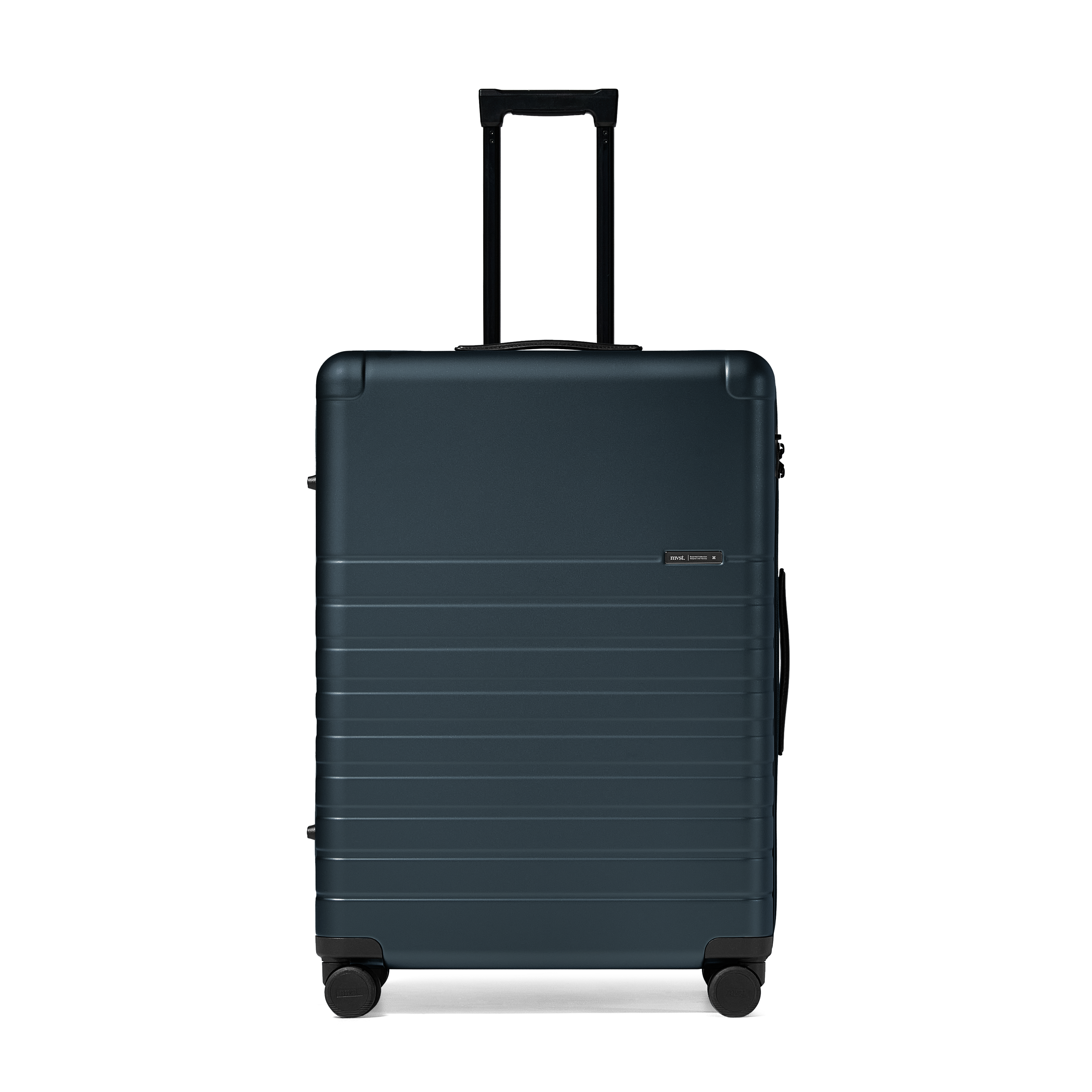 Dark blue suitcase with a visible brand logo on a white background