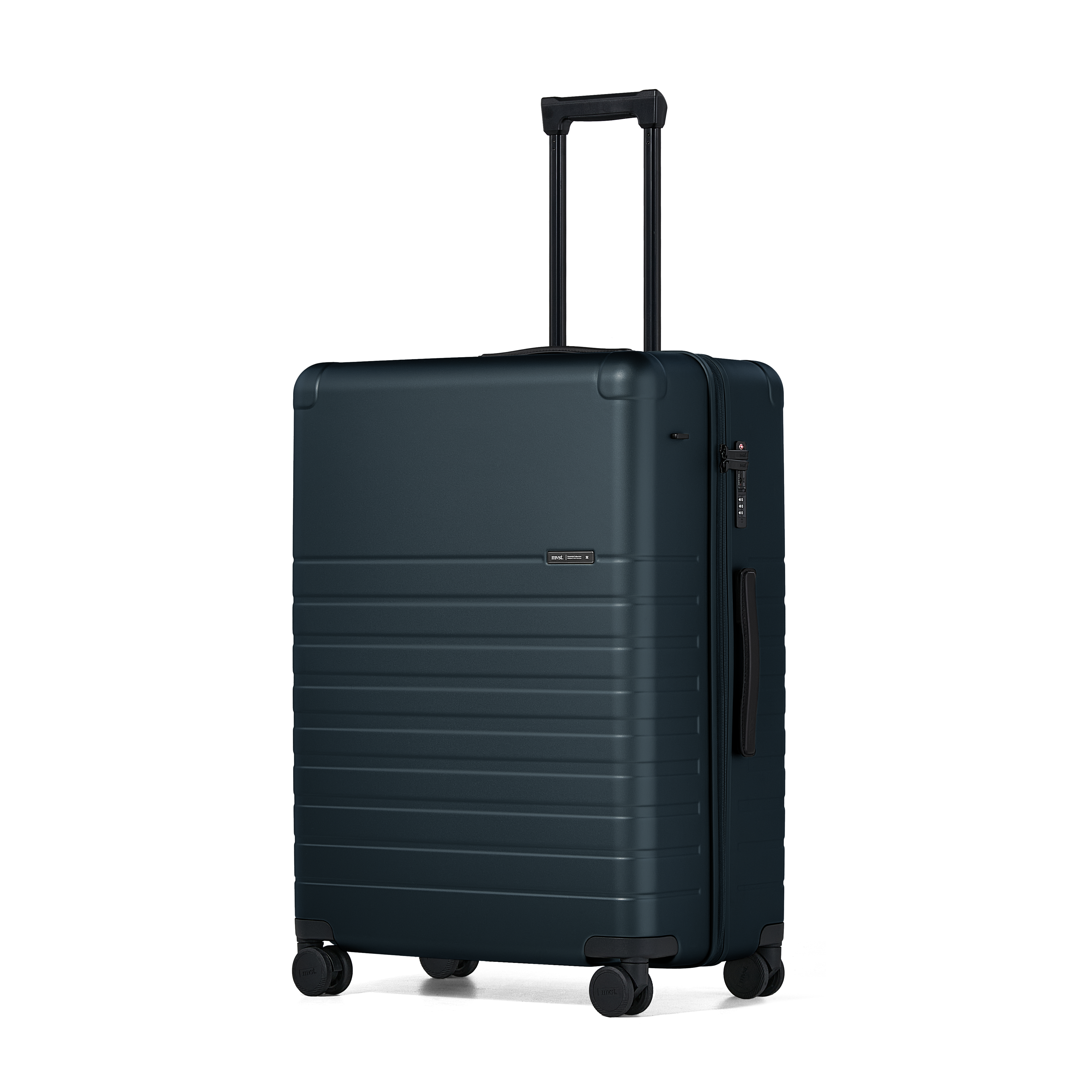Dark blue suitcase with wheels on a white background