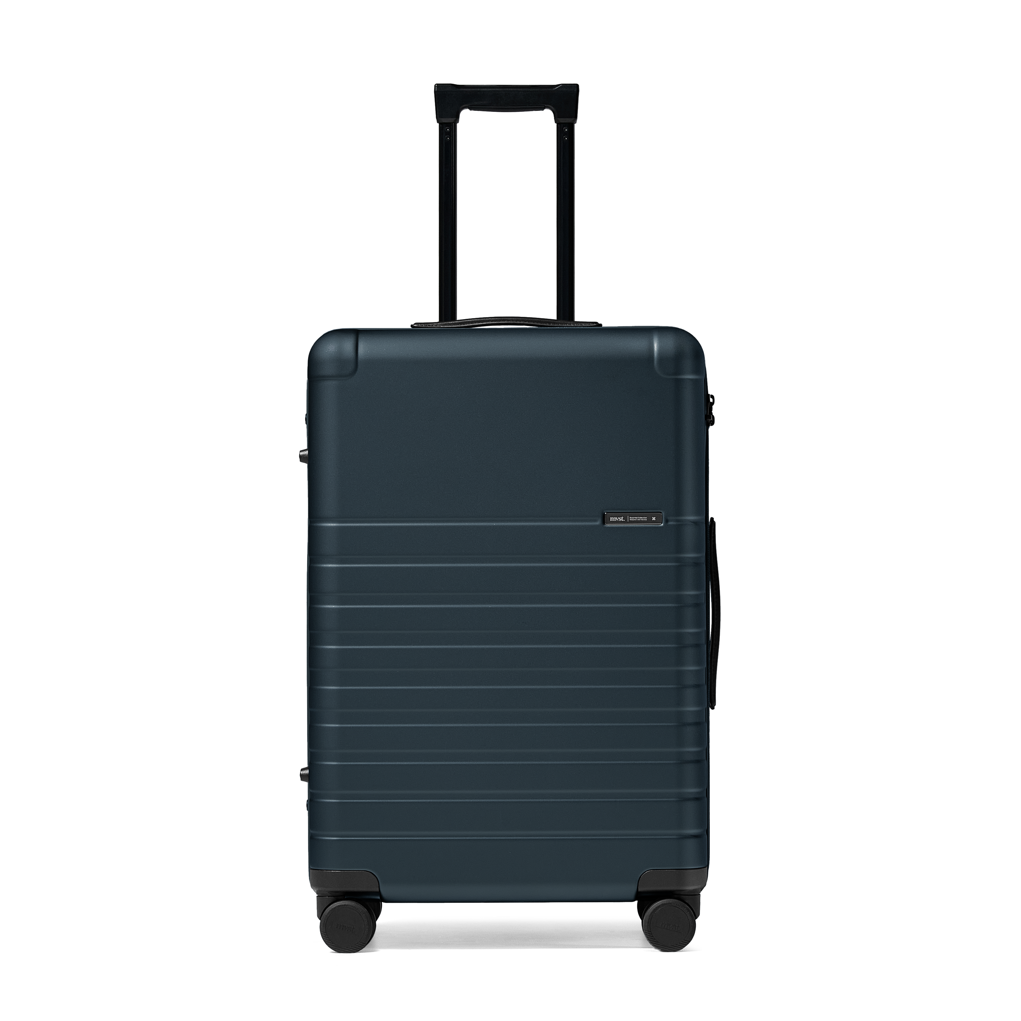 Dark blue suitcase with a handle on a white background