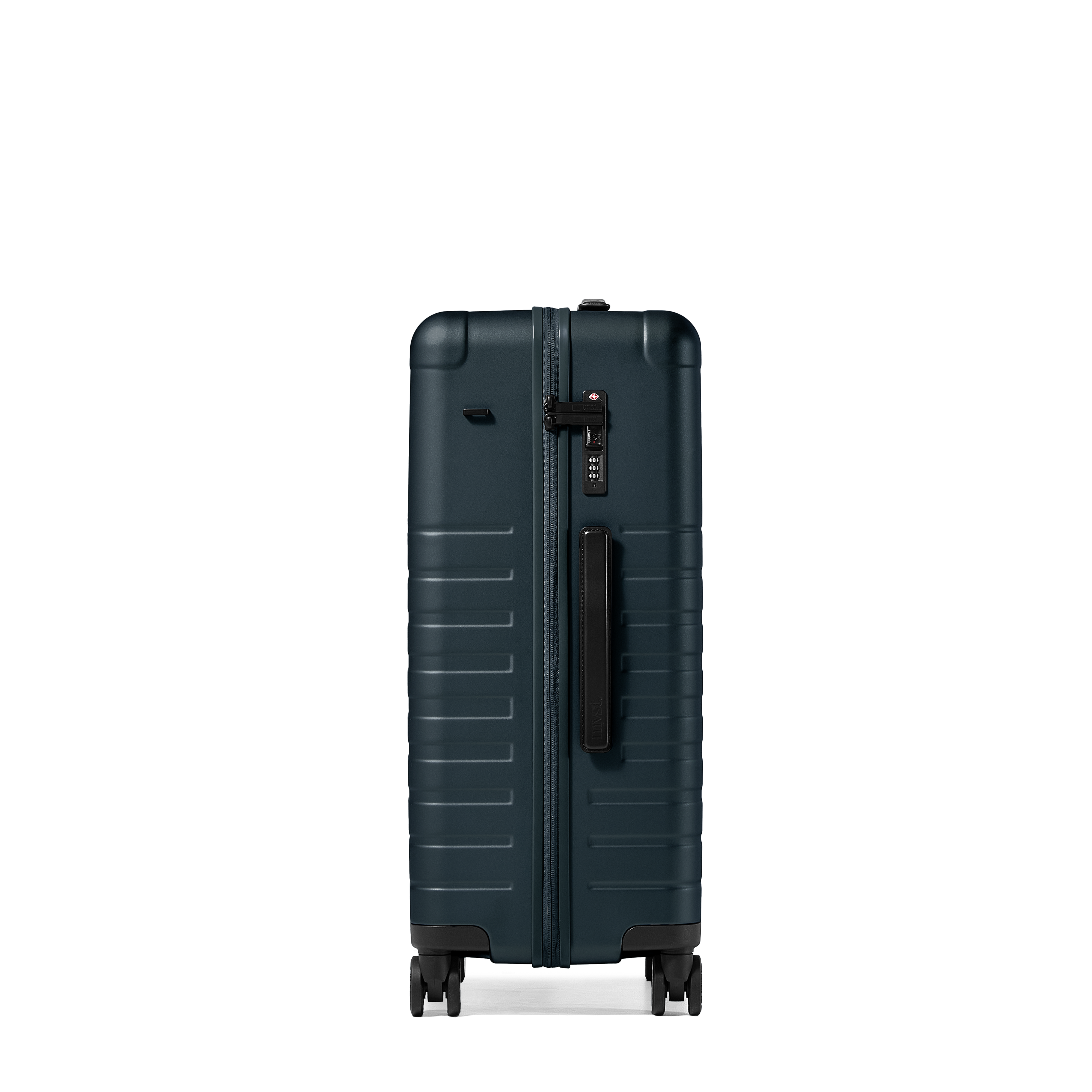 Dark blue suitcase with a black handle on a white background