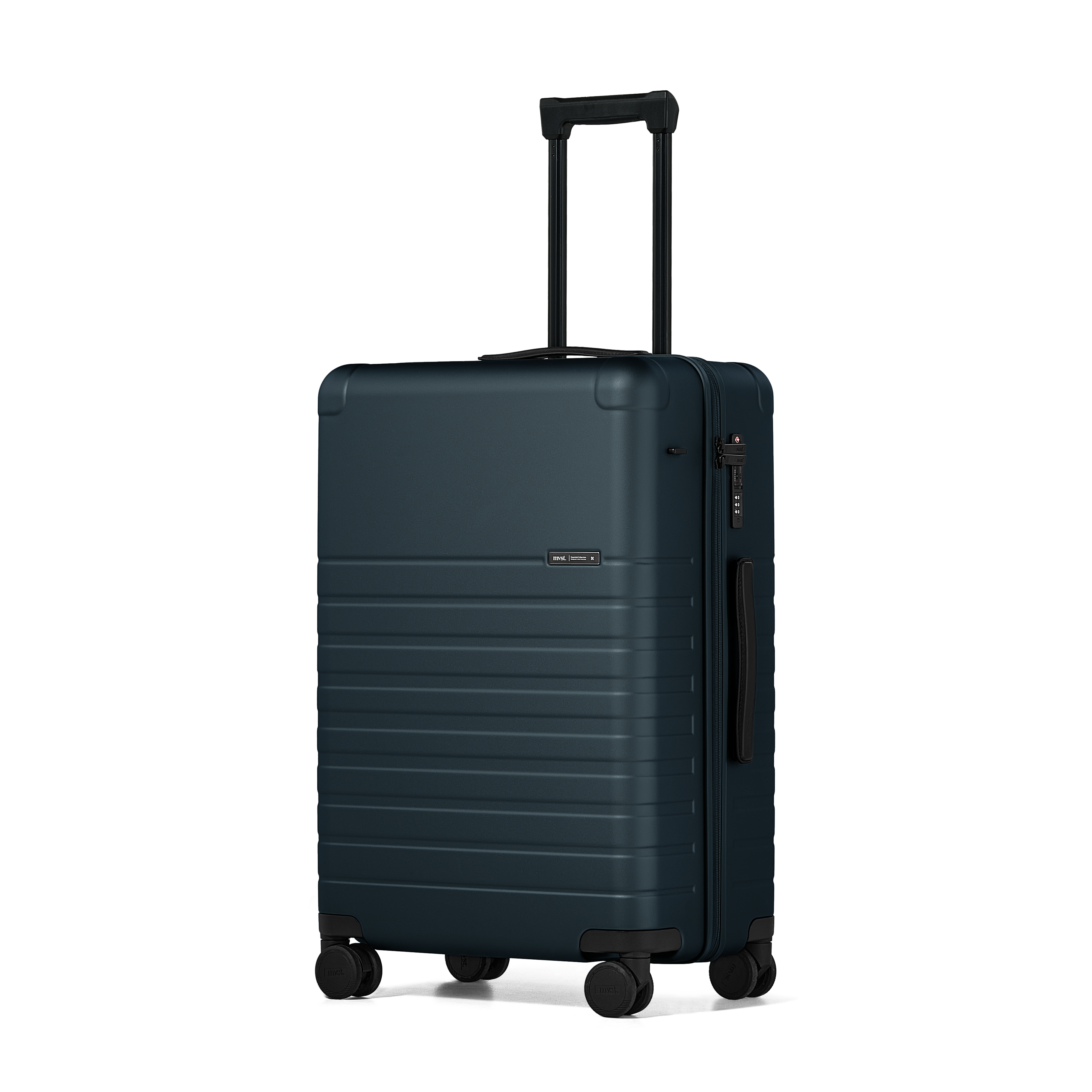 Black suitcase with wheels on a white background