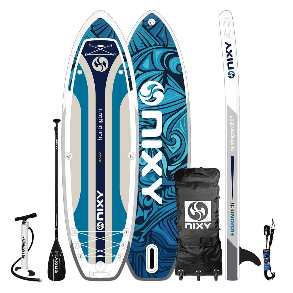 NIXY inflatable stand-up paddleboard with accessories on a white background