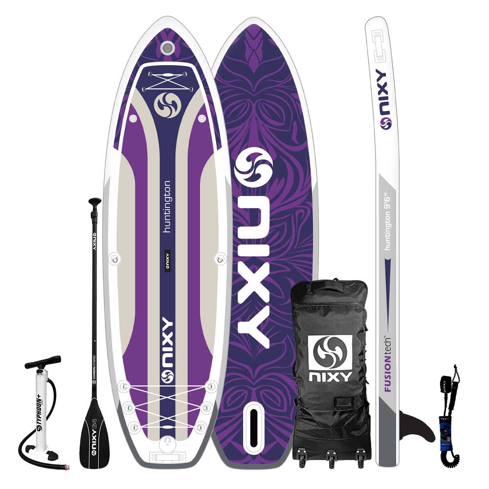 Nixy inflatable stand-up paddleboard with accessories on a white background