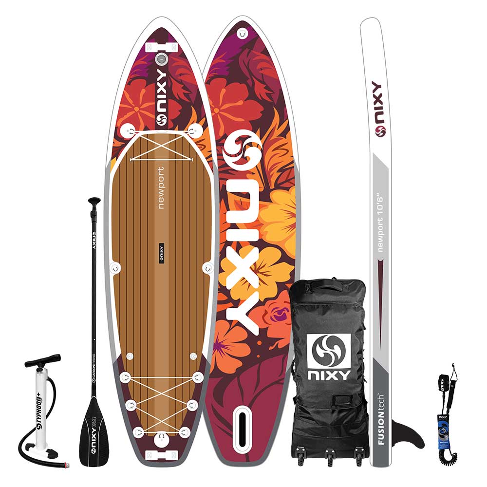 Nixy inflatable stand-up paddleboard with accessories on a white background