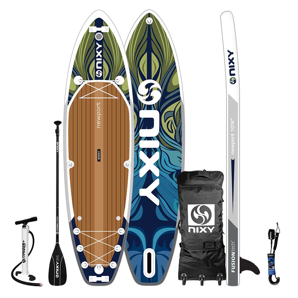 Nixy inflatable stand-up paddleboard with accessories on a white background