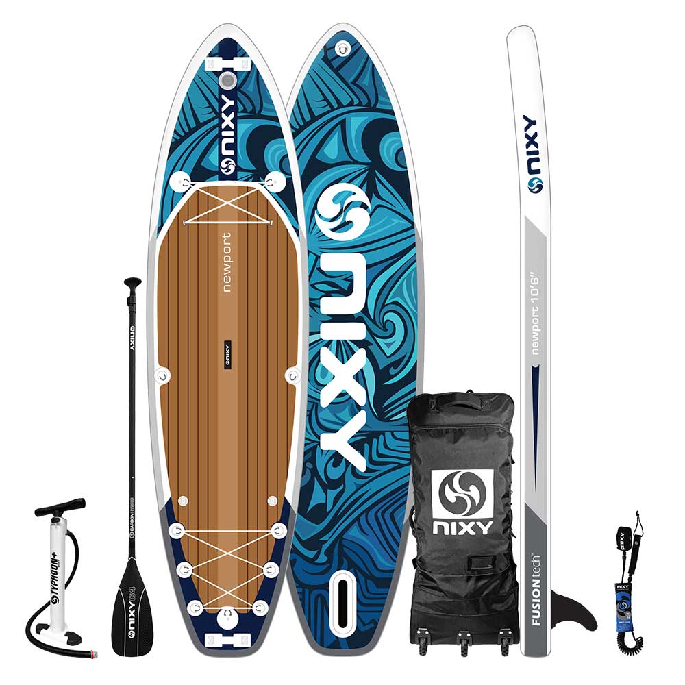 Nixy inflatable stand-up paddleboard with accessories on a white background