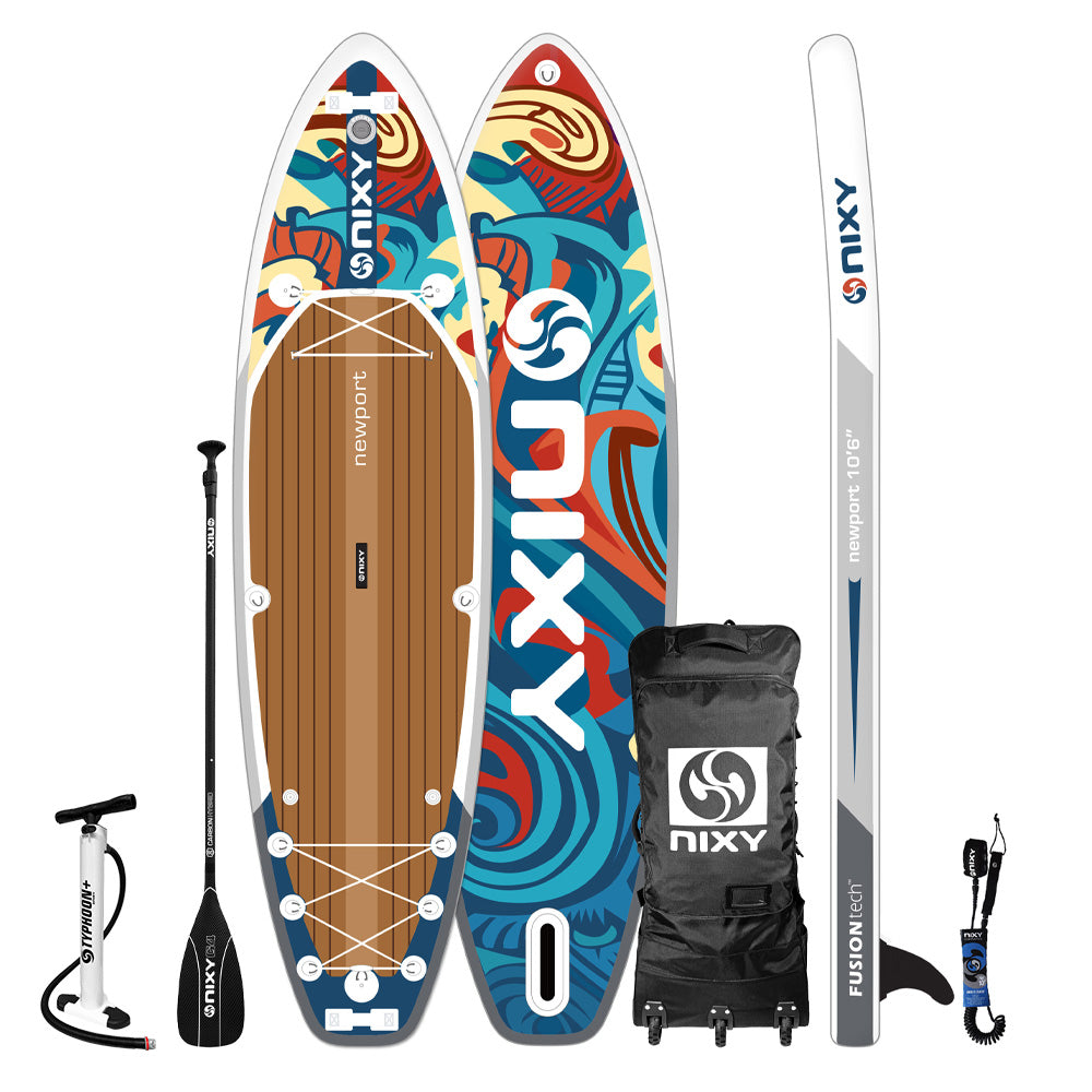 NIXY inflatable stand-up paddleboard with accessories on a white background