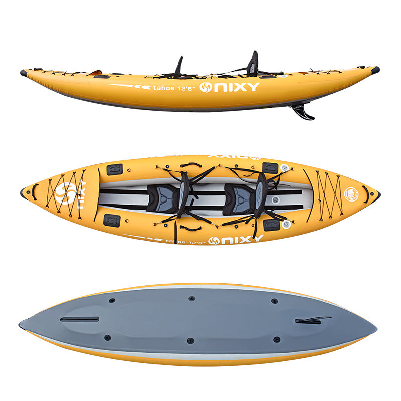 Yellow kayak with black accents on a white background, featuring the NIXY brand.