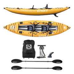 Yellow inflatable kayak with accessories on a white background