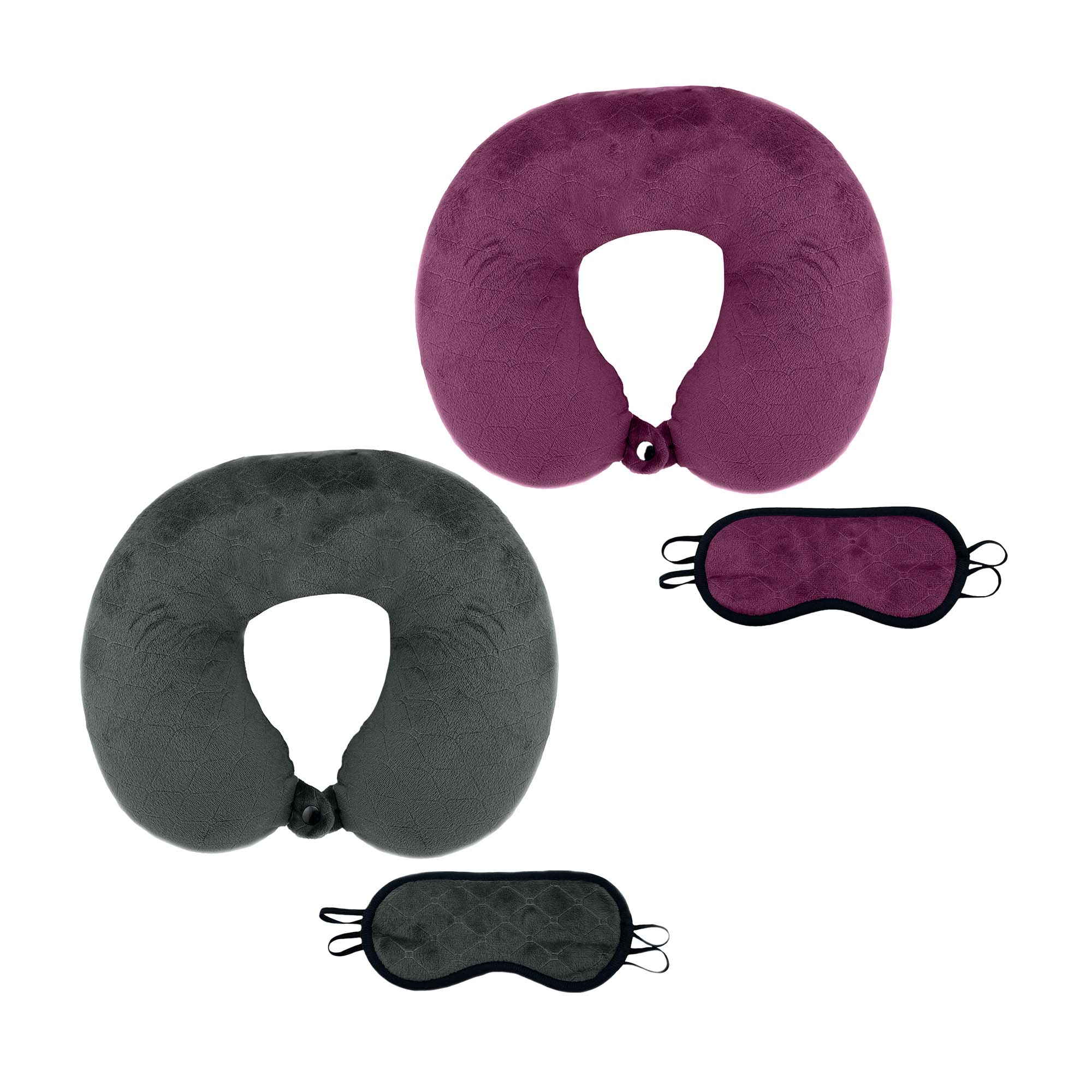 Two travel neck pillows and two eye masks on a white background