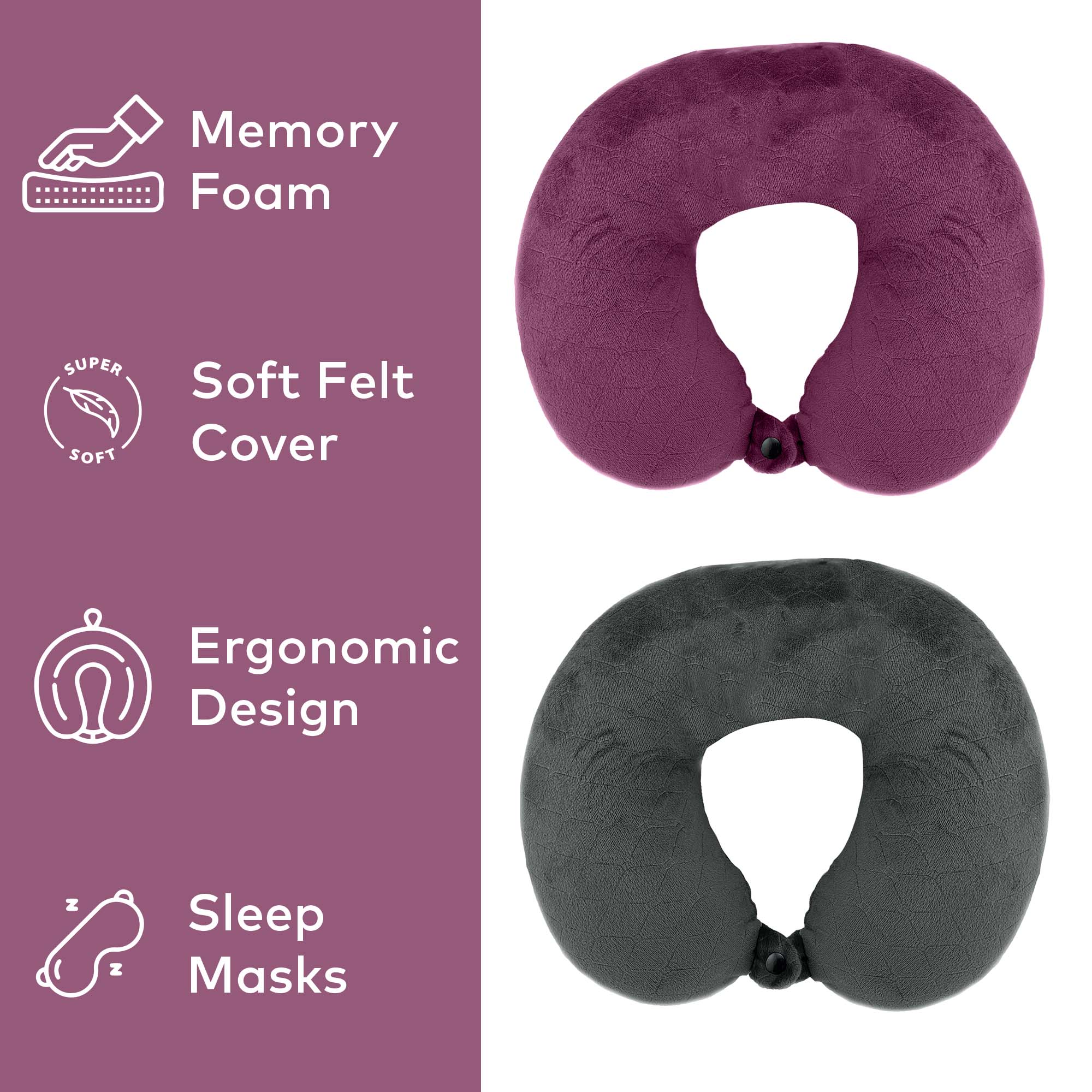 Two travel neck pillows, one purple and one black, with features listed on a purple background.