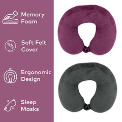 Two travel neck pillows, one purple and one black, with features listed on a purple background.