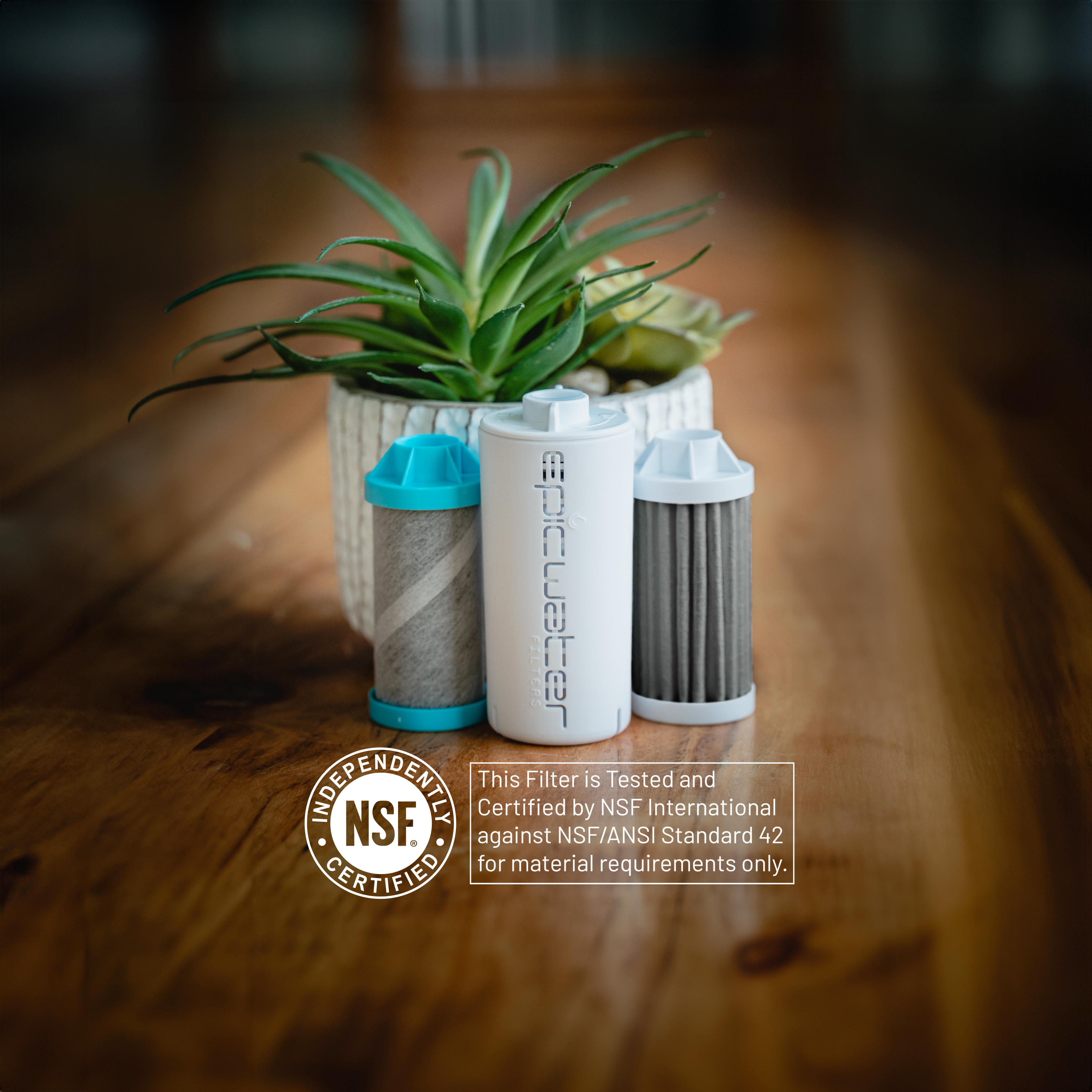 Water filter cartridges with a plant on a wooden surface, featuring NSF certification logo.