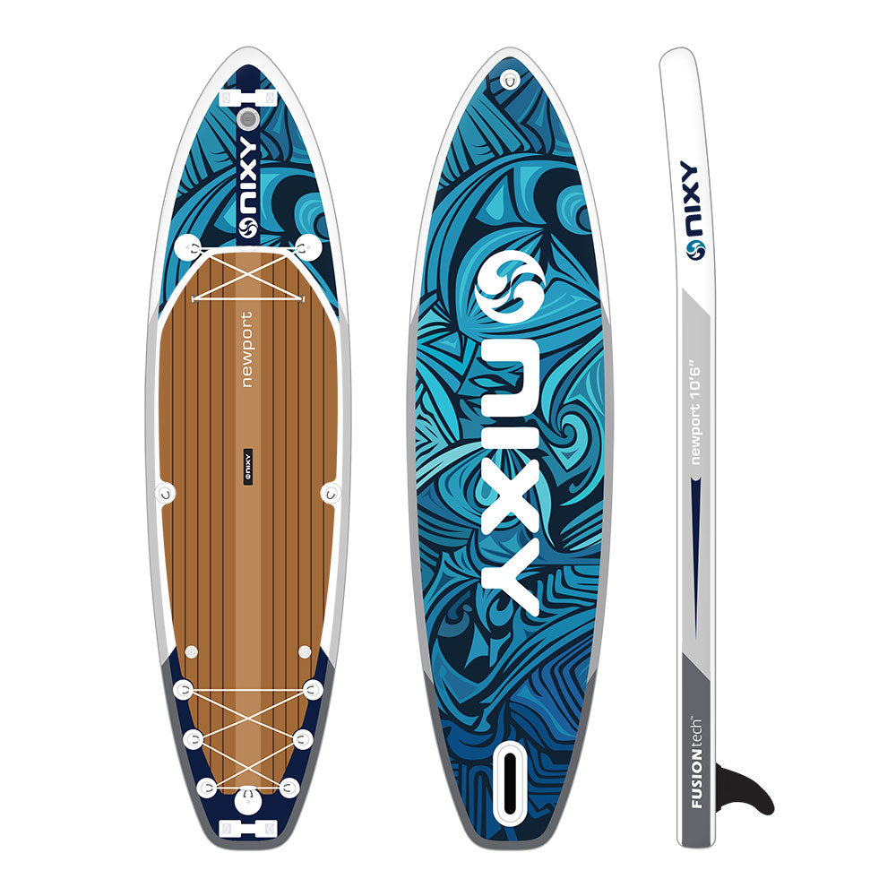 Nixiy inflatable stand-up paddleboard with blue and white design on a white background