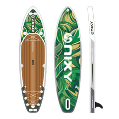 Nixy inflatable stand-up paddleboard with green leaf pattern on a white background