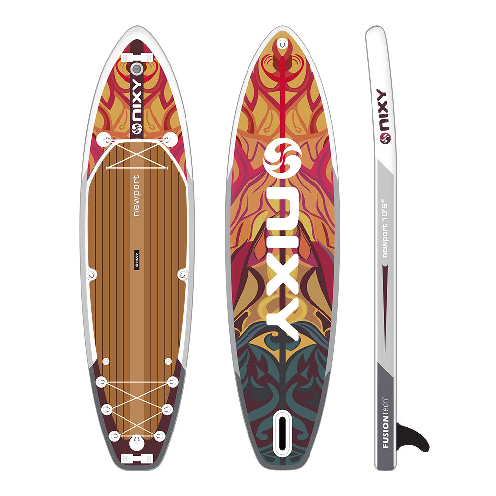 Nixy Fusion Lite inflatable stand-up paddleboard with colorful design on a white background