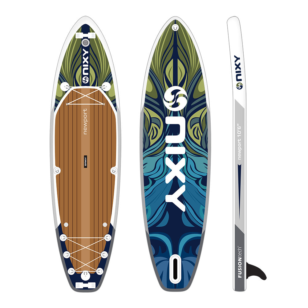 Nixiy inflatable stand-up paddleboard with wooden deck and colorful design on a white background