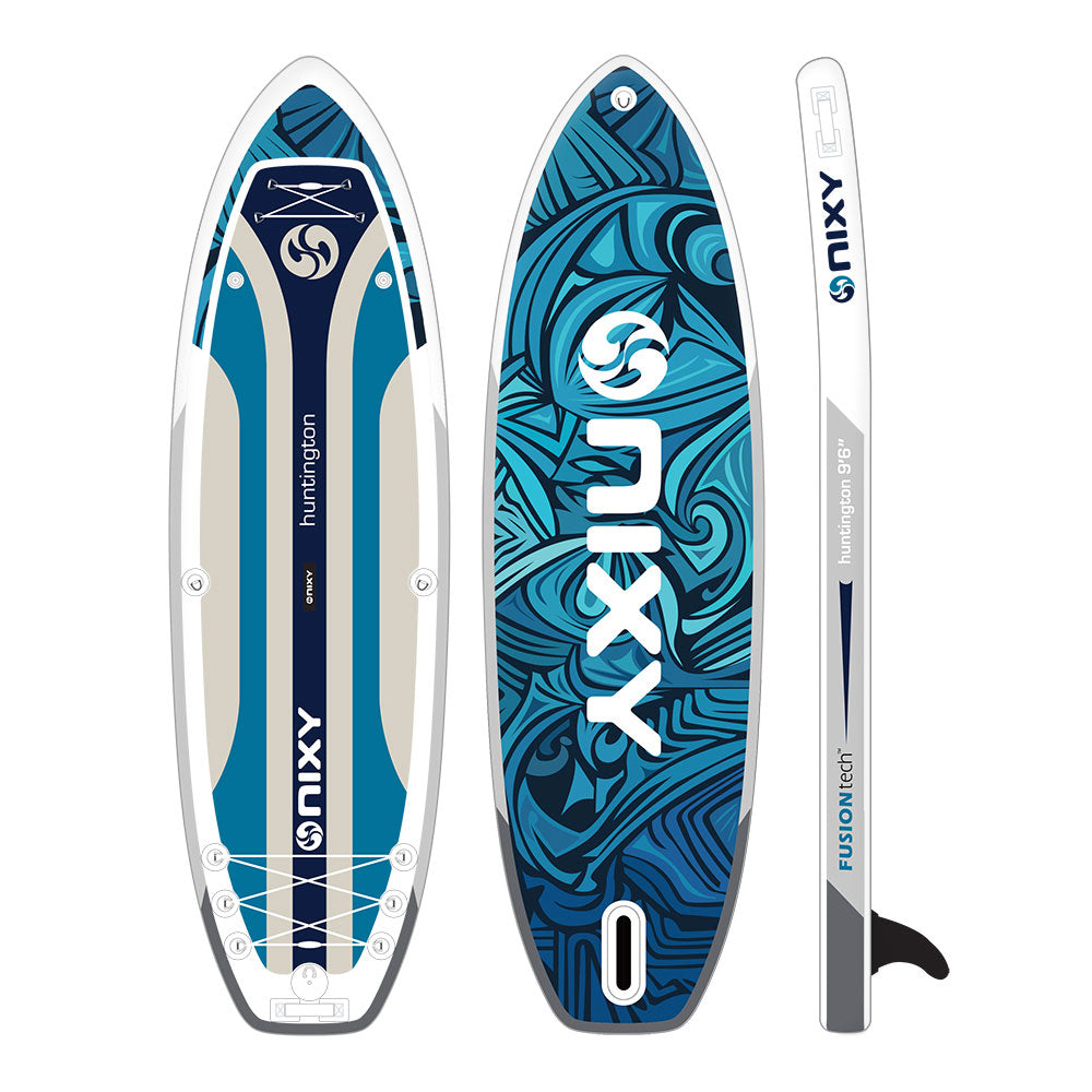 NIXY surfboard with blue and white design on a white background