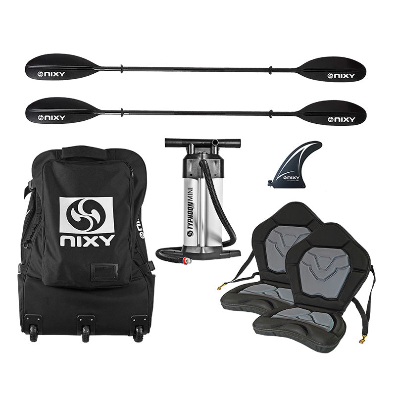 Nixy kayak accessories including paddles, backpack, pump, and seat covers on a white background