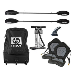 Nixy kayak accessories including paddles, backpack, pump, and seat covers on a white background