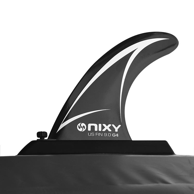 Black and white surfboard fin with NIXY branding on a white background