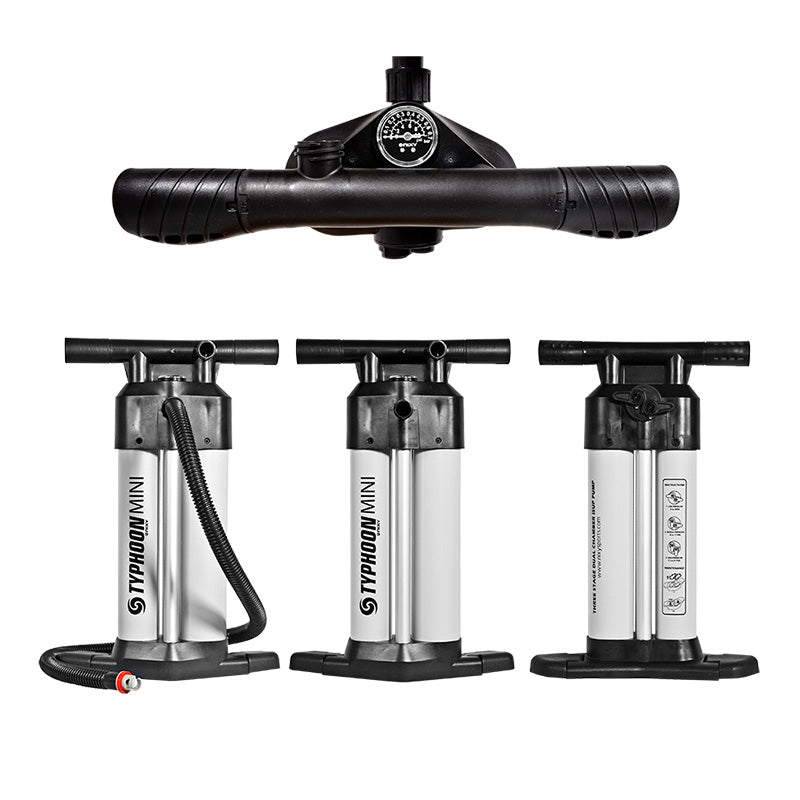 Three black and silver pump units on a white background
