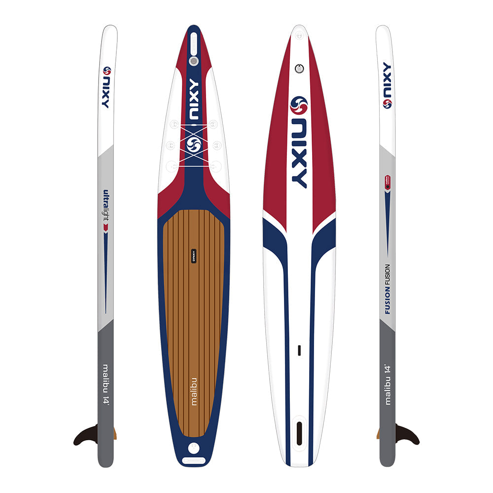 Nixy Fusion Flex SUP stand-up paddleboard with wooden center section on a white background