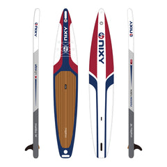 Nixy Fusion Flex SUP stand-up paddleboard with wooden center section on a white background