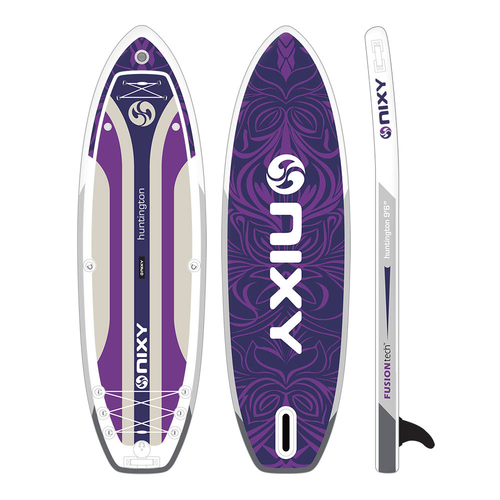 Purple and white Nixy inflatable stand-up paddleboard on a white background
