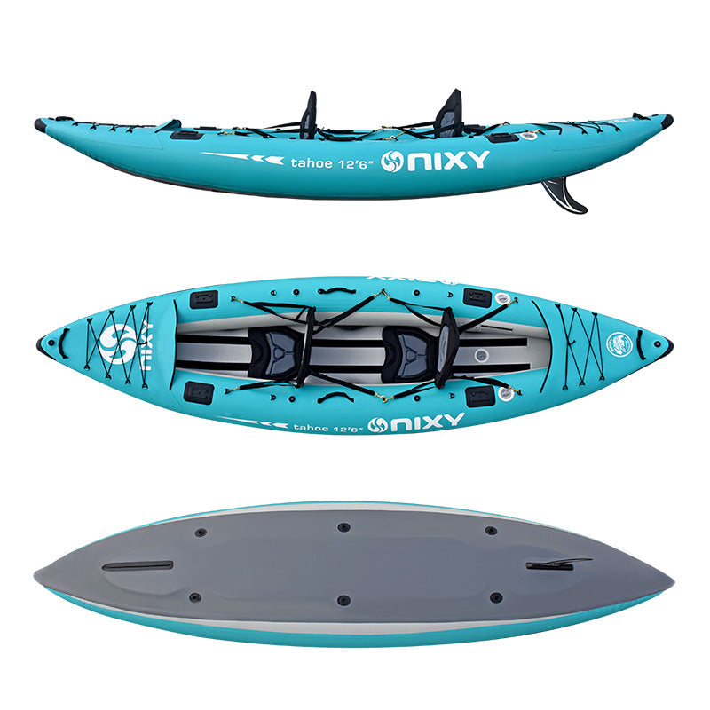 NIXY kayak shown from three angles on a white background