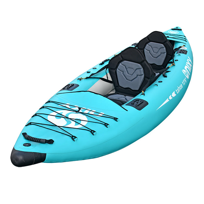 Blue kayak with black accents on a white background