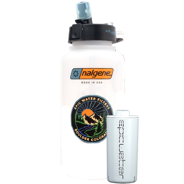 Nalgene water bottle with Epic Water Filters logo on a white background