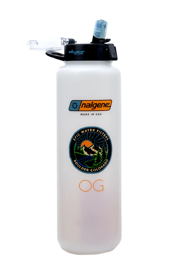 Nalgene water bottle with Epic Water Filters logo on a white background